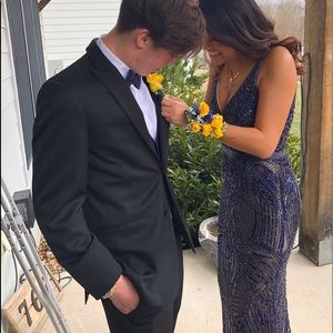 Primavera Couture Navy Blue Prom Dress